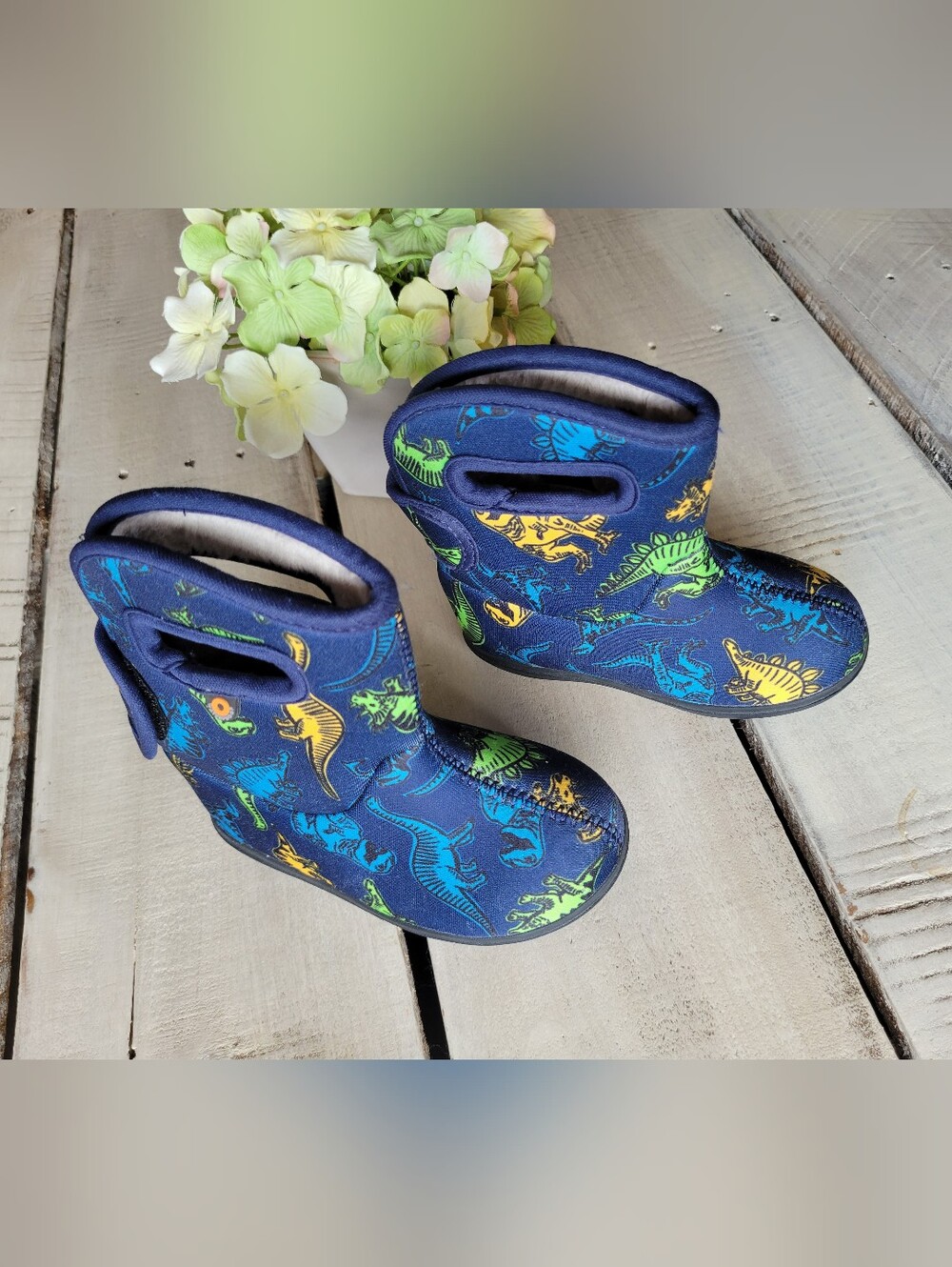 Bogs II Navy Kids Rain Boots with Bright Dinosaur Print Size 7 Infants - Picture 6 of 6